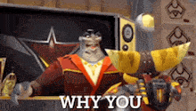 a cartoon character is standing in front of a sign that says why you .