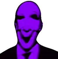 a purple man in a suit and tie is making a funny face with his hand on his chin .