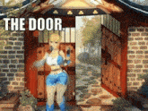 a video game character is standing in front of an open door with the words " the door " written above her