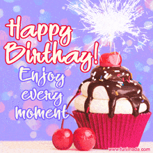 a happy birthday greeting card with a cupcake and a cherry on top