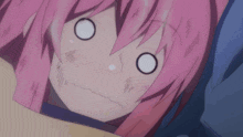 a close up of a pink haired anime character with a surprised look on her face