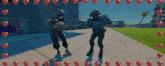 a man and a woman are dancing in a video game surrounded by hearts