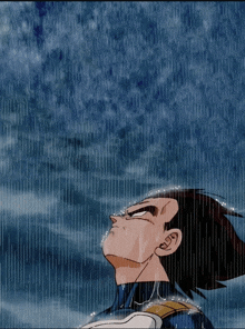 a cartoon character is standing in the rain and looking up at the sky