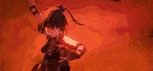 a girl with black hair and red eyes is standing in front of a fire .