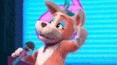 a cartoon dog is singing into a microphone and waving at the camera .