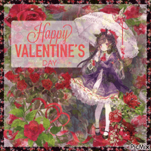 a picture of a girl holding an umbrella with the words happy valentine 's day