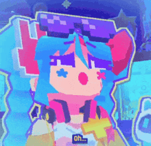 a pixel art drawing of a girl with blue hair and a purple hat
