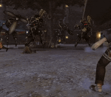 a video game scene with a person standing in front of a few monsters