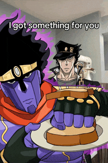a cartoon of star platinum holding a piece of bread with the words " i got something for you " on the bottom