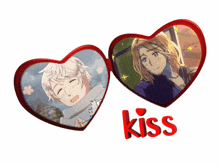 a couple of heart shaped frames with the word kiss on the bottom