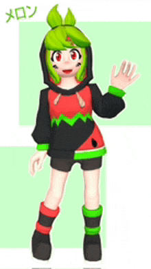 a girl in a melon costume is waving her hand .