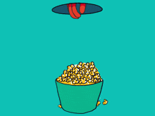 a hand reaching into a bucket of popcorn