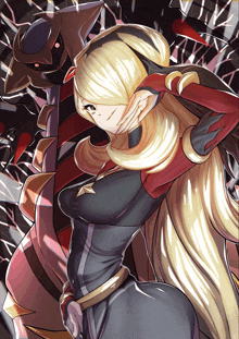 a drawing of a woman with long blonde hair and a black and red outfit