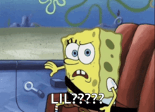 spongebob is sitting in a car seat and says lil