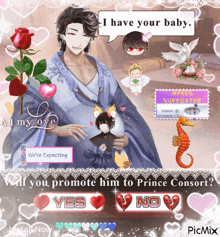 a picture of a man holding a baby with the words " i have your baby "