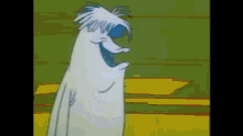 a cartoon character is standing in front of a green wall with his mouth open and a blue eye .