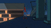 a cartoon of a spiderman flying over a city at night