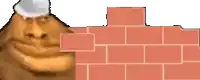 a cartoon character wearing a hard hat is building a brick wall .