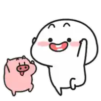 a cartoon character is standing next to a small pink pig .