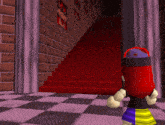 a girl with red hair is standing in front of a staircase