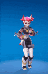 a cartoon character with red hair and a white tail is standing on a blue background