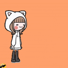 a girl wearing a cat hoodie and sunglasses says hai selamat pagi on a yellow background