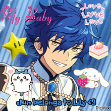 a picture of a boy with blue hair and the words jun belongs to lily on the bottom