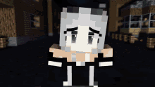 a minecraft character with a sad look on her face is standing in front of a building