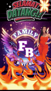 a woman stands in front of a sign that says family fb