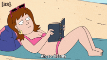 a cartoon of a woman laying on the beach reading a book