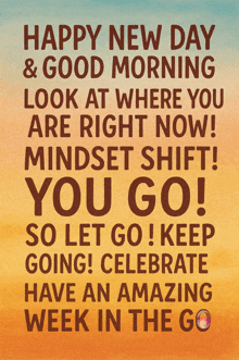 a poster that says happy new day & good morning look at where you are right now mindset shift you go