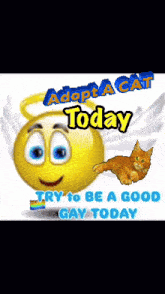 a smiley face with wings and the words adopt a cat today on it
