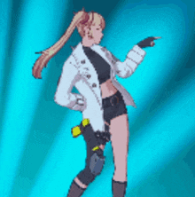 a pixel art drawing of a woman in a white coat and black shorts