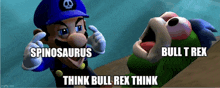 a cartoon character with the words spinosaurus think bull rex think
