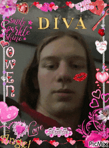 a picture of a man surrounded by hearts and the word diva on top