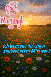 a sunset over a field of flowers with the words good morning