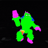 a green monster with pink arms and a slice of pizza on his belt