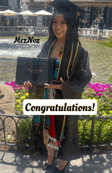a woman in a graduation cap and gown is holding a diploma and says congratulations on the bottom