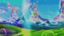 a painting of a landscape with a blue sky and green grass