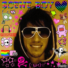a picture of a boy wearing sunglasses and a hoodie with the words scene boy written above him