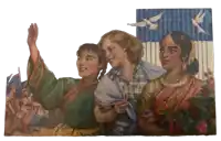 a painting of three women standing next to each other in front of a flag