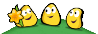 three yellow cartoon characters are standing on a grassy hillside
