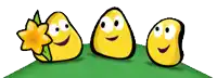 three yellow cartoon characters are standing on a grassy hillside