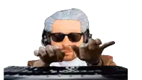 a man wearing headphones and sunglasses is pointing at something