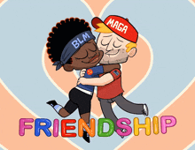 a cartoon of a man wearing a maga hat hugging a woman wearing a blm headband