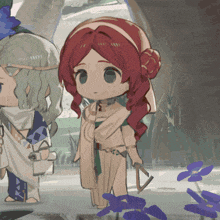 a girl with red hair is standing next to a man