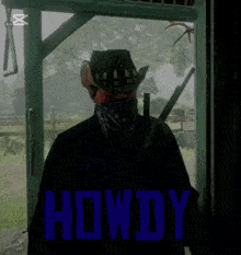 a man wearing a cowboy hat and a bandana stands in front of a sign that reads howdy