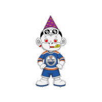 an edmonton oilers mascot wearing a purple party hat