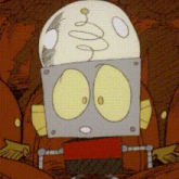 a cartoon drawing of a robot with a swirl around his head