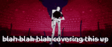 a blurred image of a man dancing with the words blah blah blah covering this up